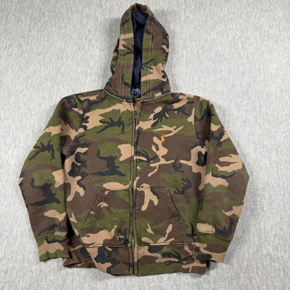 Polo Ralph Lauren Hoodie Boys Small 8 Green Camo Full Zip Fleece Sweatshirt Kids